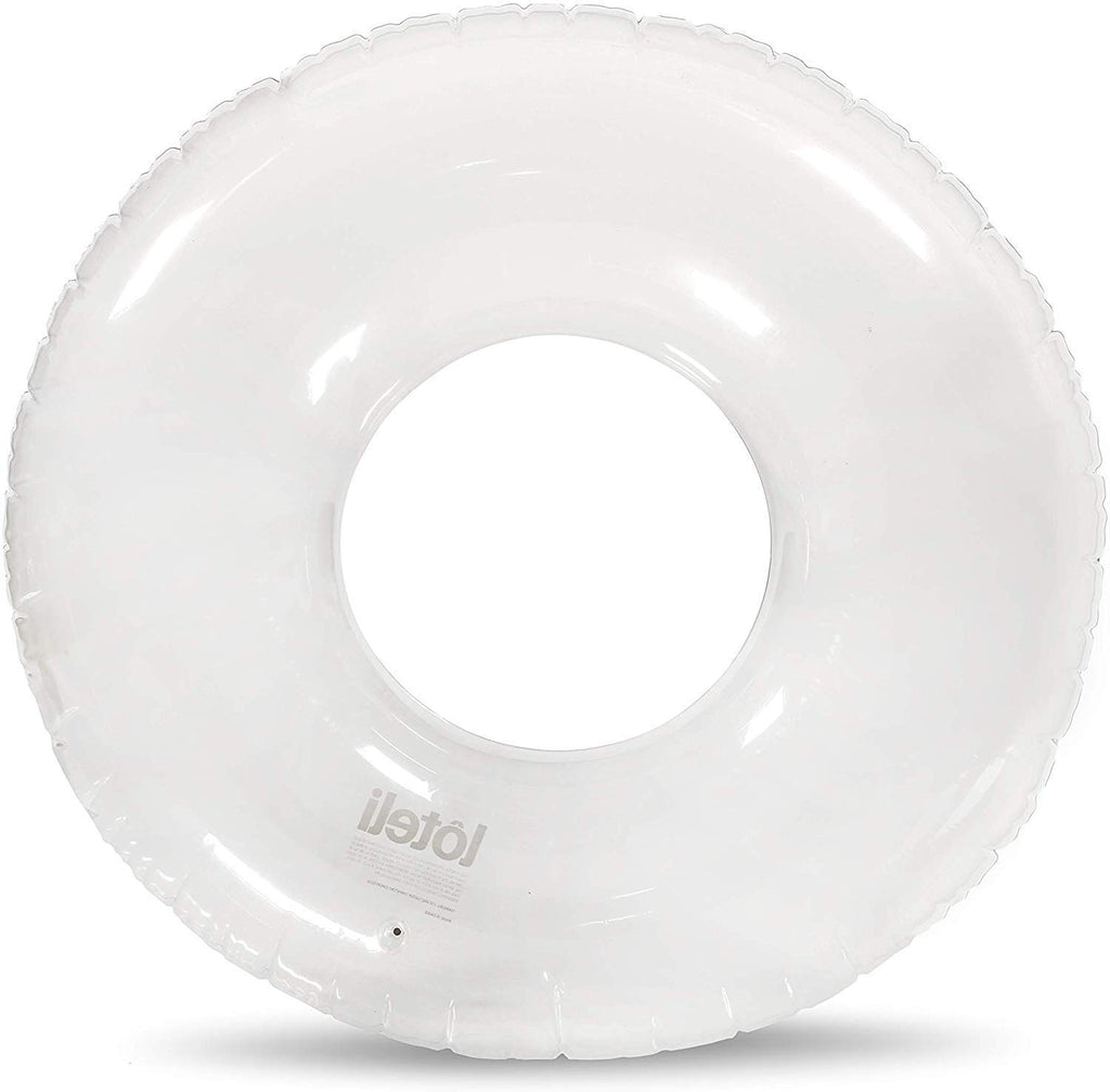 Photo of clear float swim ring in front of white background with small loteli logo