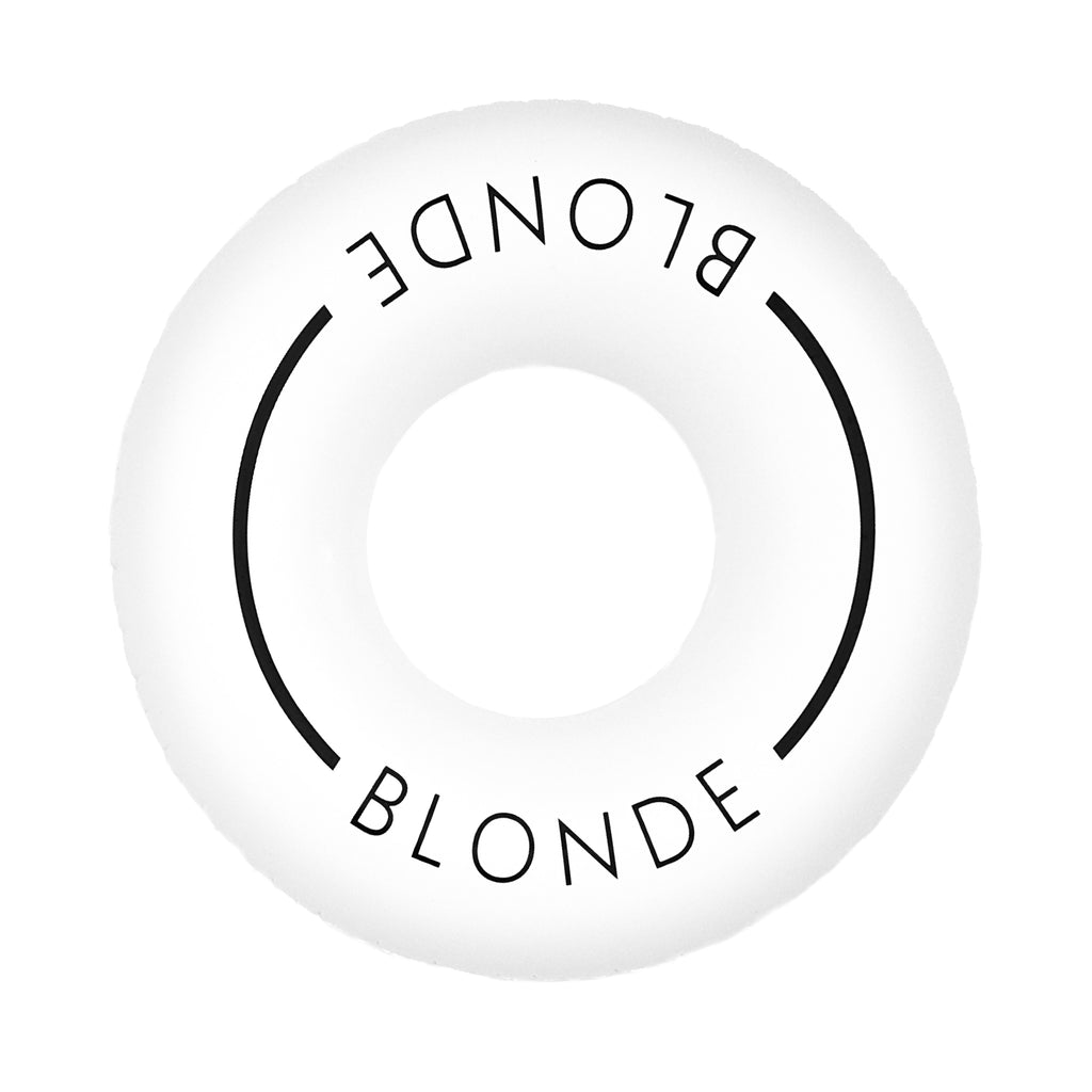 Aerial photo of white pool swim ring with the word blonde on it with a white background. 