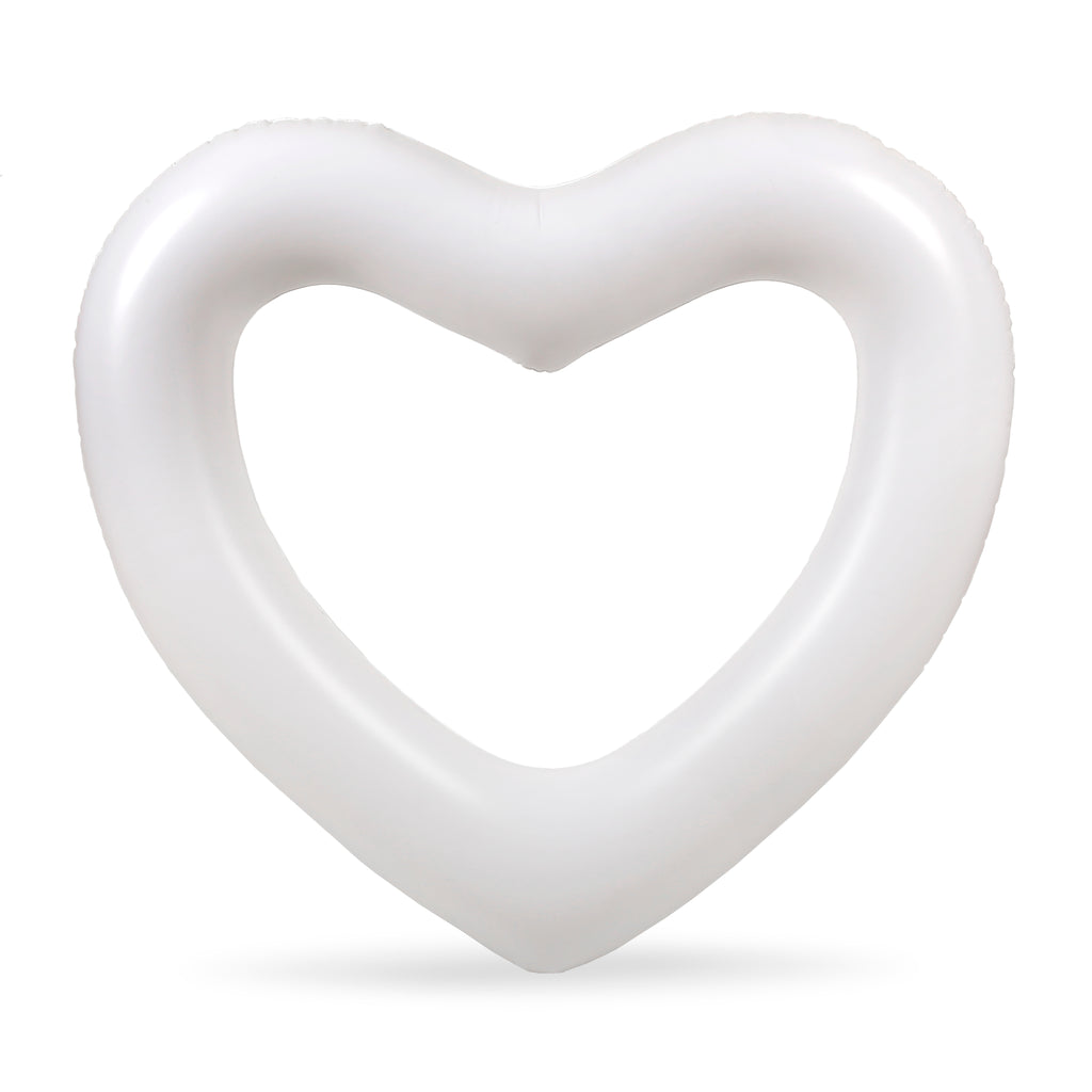 Mini white heart shaped pool float on a white background
